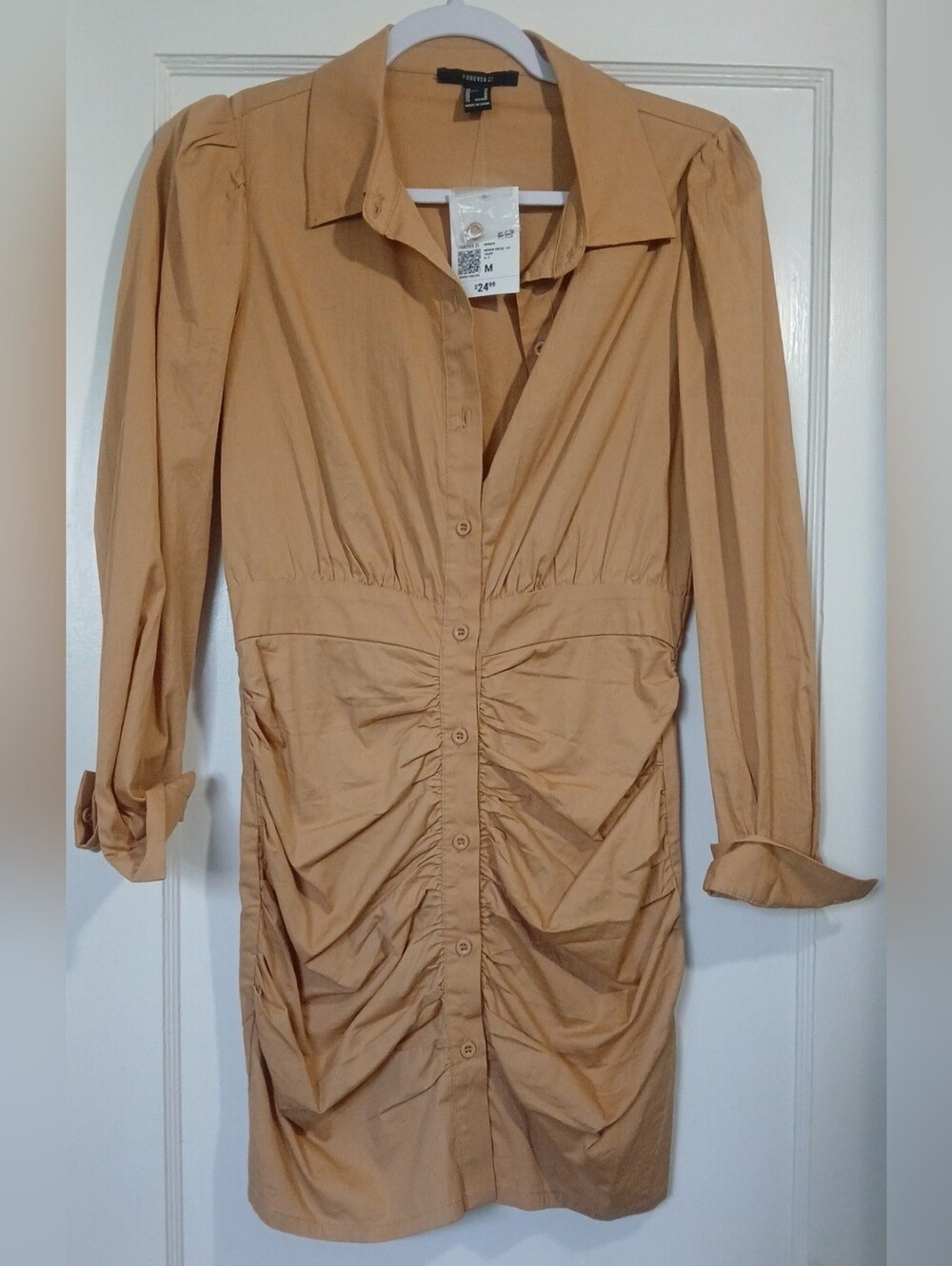 Forever 21 Tan Ruched Button-Front Long Sleeve Dress